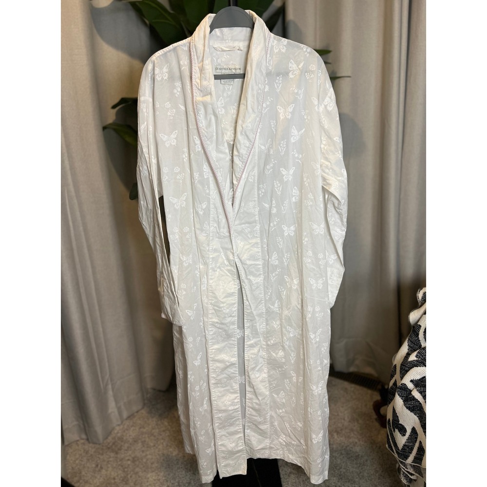 Crabtree & Evelyn White Cotton Butterfly Jacquard Robe Shawl Collar XS S